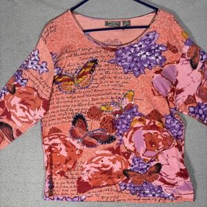 Jane Ashley Top Women's Size 1X Coral Butterfly Sequins Whimsy Fairy Y2K Artsy
